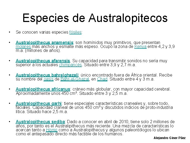 Especies de Australopitecos • Se conocen varias especies fósiles: • Australopithecus anamensis: son homínidos