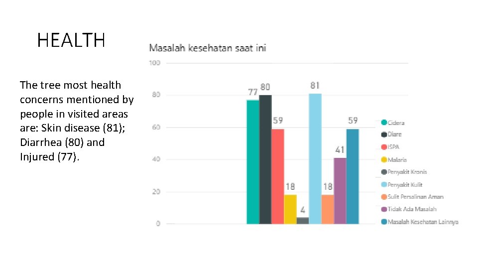 HEALTH The tree most health concerns mentioned by people in visited areas are: Skin