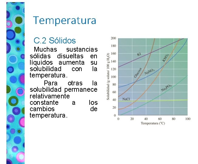 Temperatura C. 2 Sólidos Muchas sustancias sólidas disueltas en líquidos aumenta su solubilidad con