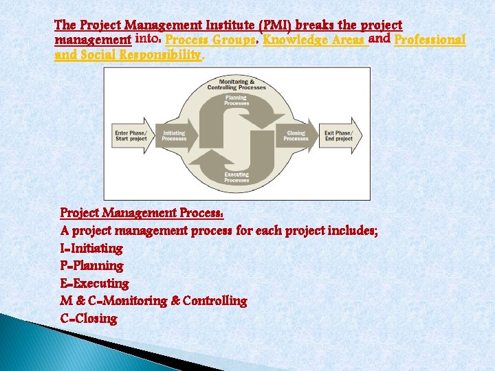 The Project Management Institute (PMI) breaks the project management Process Groups Knowledge Areas Professional