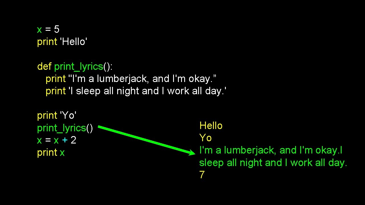 x=5 print 'Hello' def print_lyrics(): print "I'm a lumberjack, and I'm okay. ” print