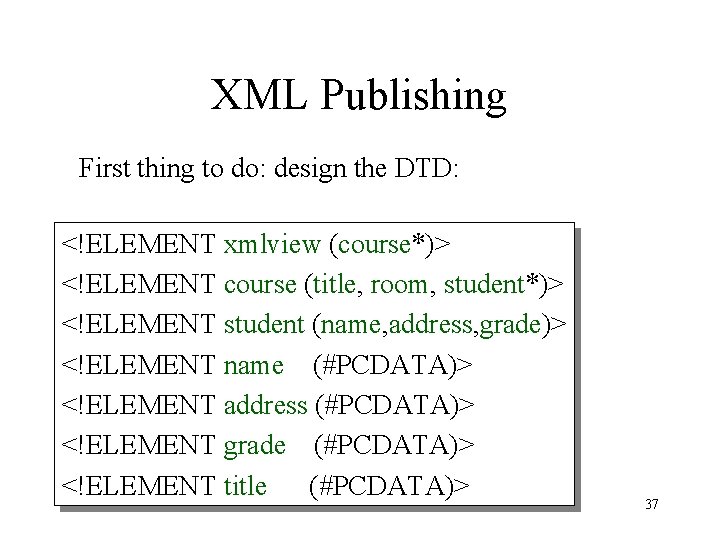 XML Publishing First thing to do: design the DTD: <!ELEMENT xmlview (course*)> <!ELEMENT course