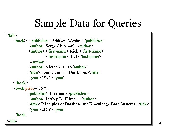 Sample Data for Queries <bib> <book> <publisher> Addison-Wesley </publisher> <author> Serge Abiteboul </author> <first-name>