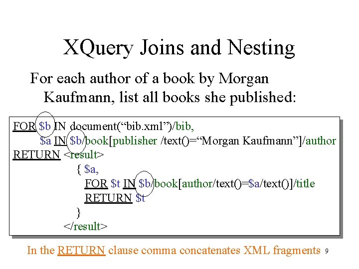 XQuery Joins and Nesting For each author of a book by Morgan Kaufmann, list