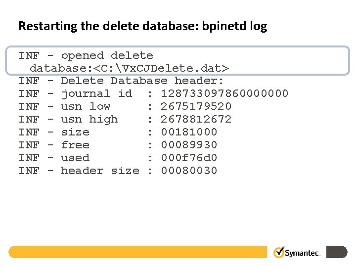 Restarting the delete database: bpinetd log INF - opened delete database: <C: Vx. CJDelete.