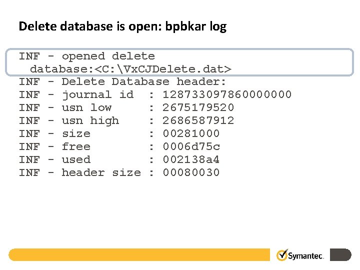 Delete database is open: bpbkar log INF - opened delete database: <C: Vx. CJDelete.