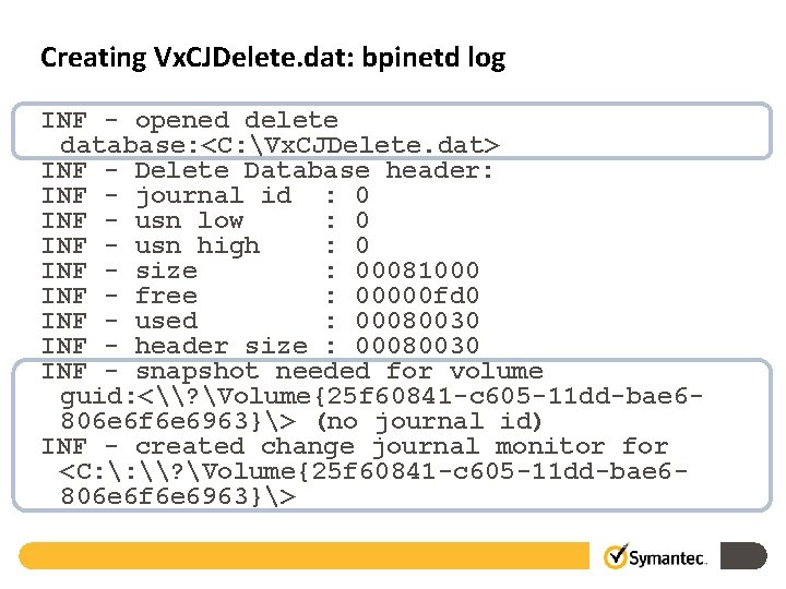Creating Vx. CJDelete. dat: bpinetd log INF - opened delete database: <C: Vx. CJDelete.