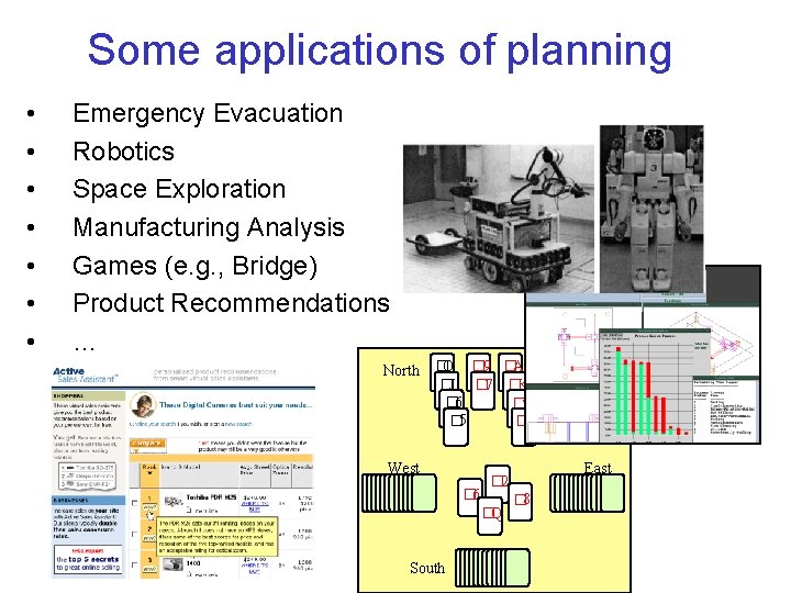 Some applications of planning • • Emergency Evacuation Robotics Space Exploration Manufacturing Analysis Games Some applications of planning • • Emergency Evacuation Robotics Space Exploration Manufacturing Analysis Games