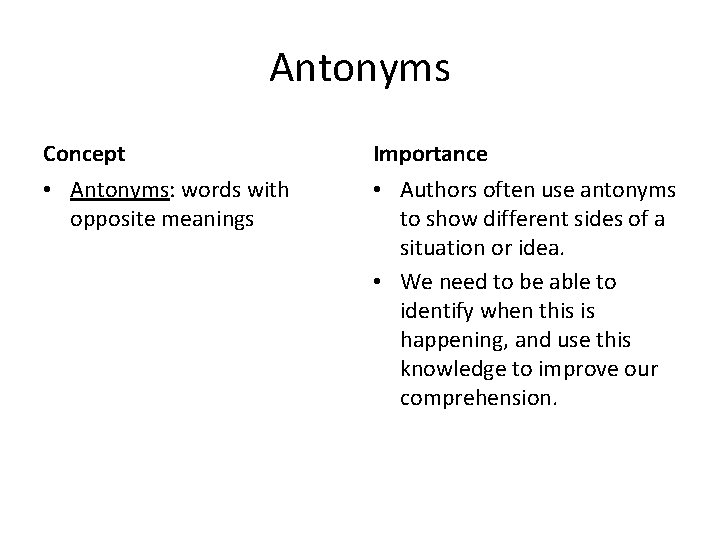 Antonyms Concept Importance • Antonyms: words with opposite meanings • Authors often use antonyms