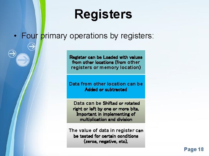 Registers • Four primary operations by registers: Register can be Loaded with values from