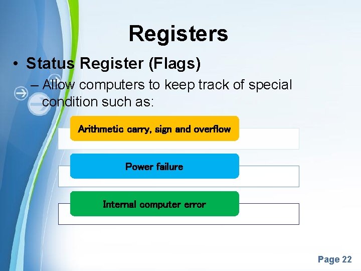 Registers • Status Register (Flags) – Allow computers to keep track of special condition