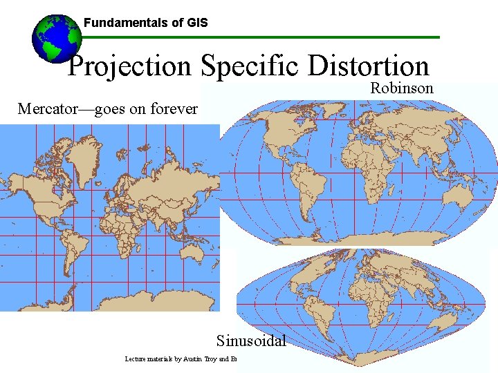 Fundamentals of GIS Projection Specific Distortion Robinson Mercator—goes on forever Sinusoidal Lecture materials by