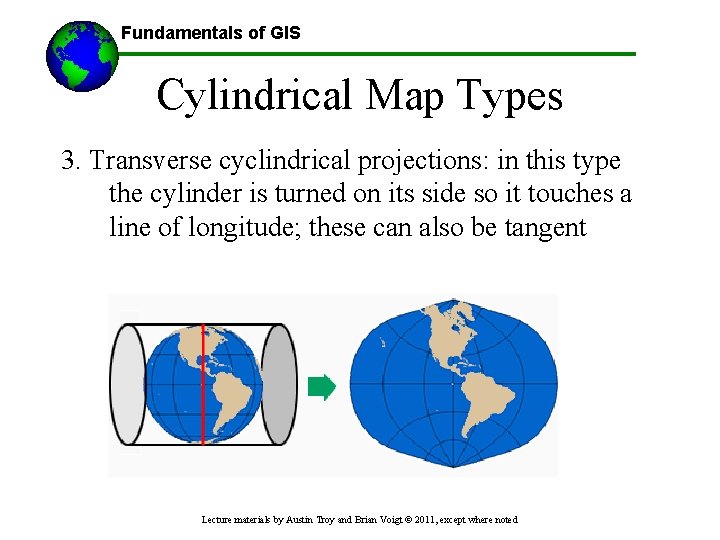 Fundamentals of GIS Cylindrical Map Types 3. Transverse cyclindrical projections: in this type the