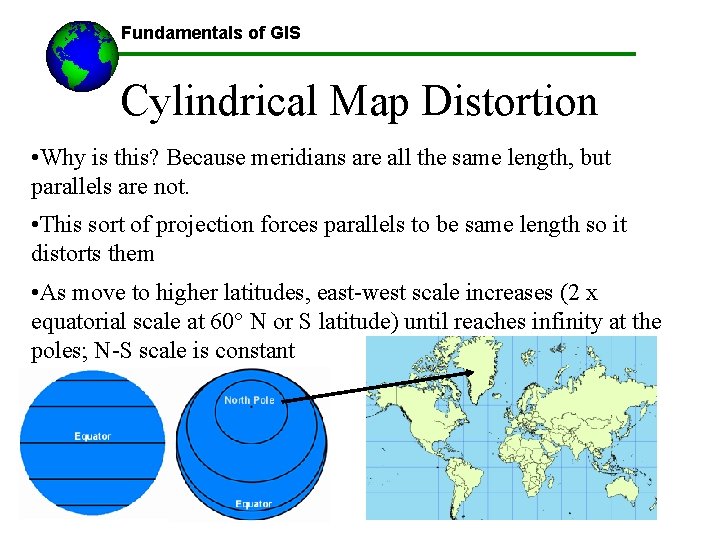 Fundamentals of GIS Cylindrical Map Distortion • Why is this? Because meridians are all