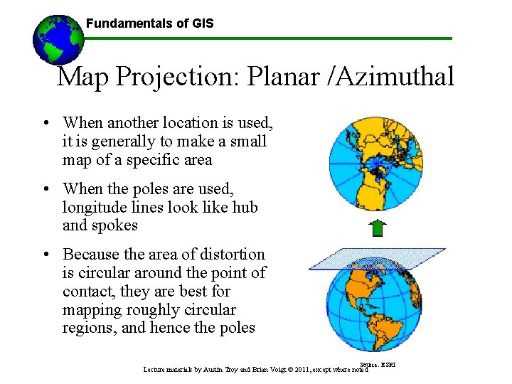 Fundamentals of GIS Map Projection: Planar /Azimuthal • When another location is used, it