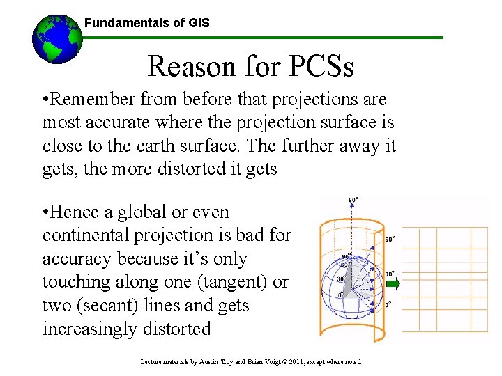 Fundamentals of GIS Reason for PCSs • Remember from before that projections are most