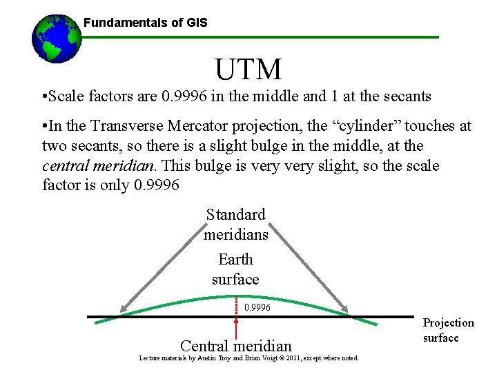 Fundamentals of GIS UTM • Scale factors are 0. 9996 in the middle and