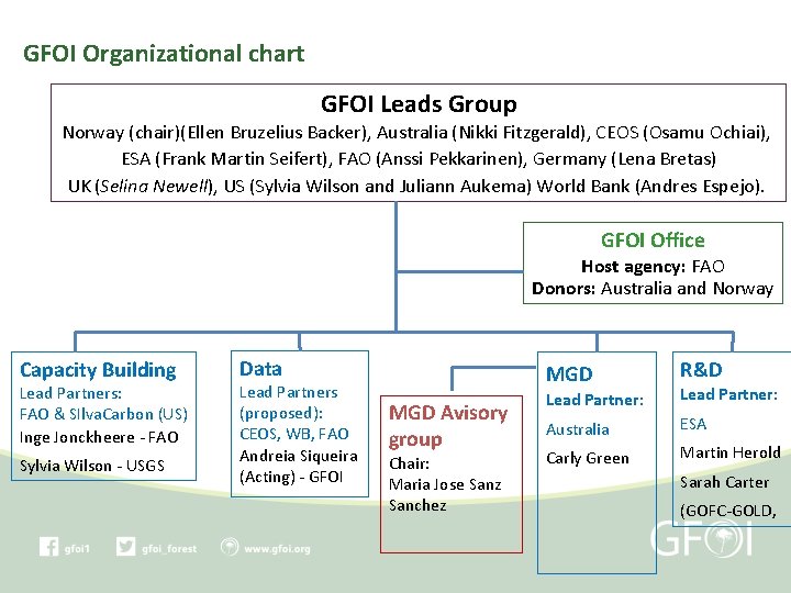 GFOI Organizational chart GFOI Leads Group Norway (chair)(Ellen Bruzelius Backer), Australia (Nikki Fitzgerald), CEOS