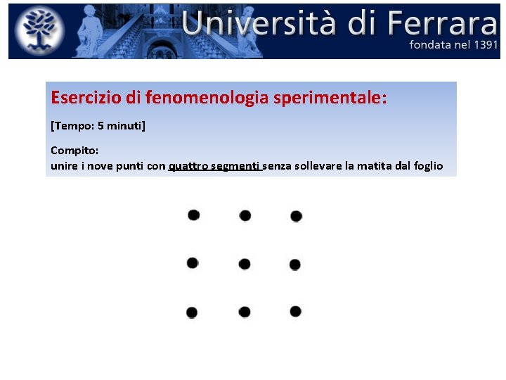 Esercizio di fenomenologia sperimentale: [Tempo: 5 minuti] Compito: unire i nove punti con quattro