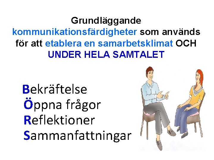 Grundläggande kommunikationsfärdigheter som används för att etablera en samarbetsklimat OCH UNDER HELA SAMTALET Bekräftelse