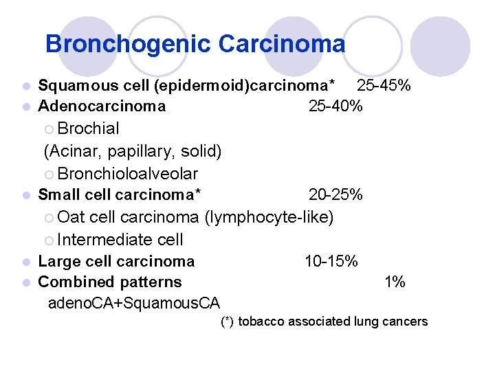 Bronchogenic Carcinoma Squamous cell (epidermoid)carcinoma* 25 -45% l Adenocarcinoma 25 -40% l ¡ Brochial Bronchogenic Carcinoma Squamous cell (epidermoid)carcinoma* 25 -45% l Adenocarcinoma 25 -40% l ¡ Brochial