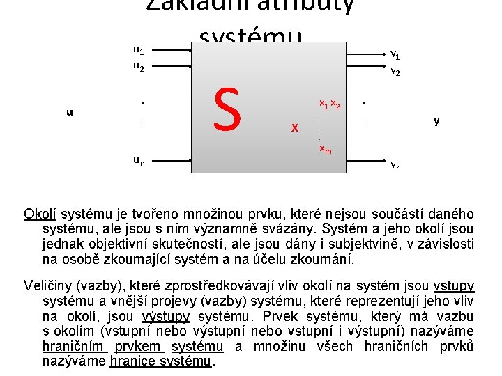 Základní atributy systému u y 1 y 2 1 u 2 u . .