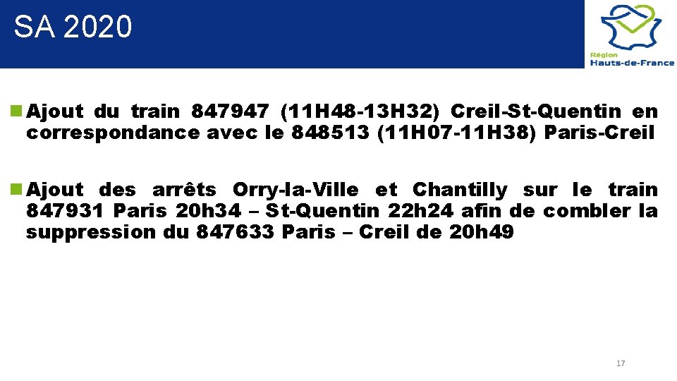 SA 2020 Ajout du train 847947 (11 H 48 -13 H 32) Creil-St-Quentin en