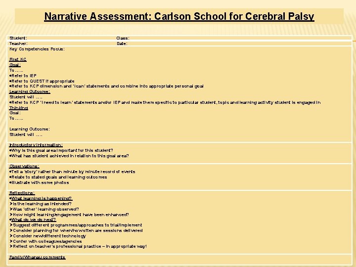 Narrative Assessment: Carlson School for Cerebral Palsy Student: Class: Teacher: Date: Key Competencies Focus: Narrative Assessment: Carlson School for Cerebral Palsy Student: Class: Teacher: Date: Key Competencies Focus: