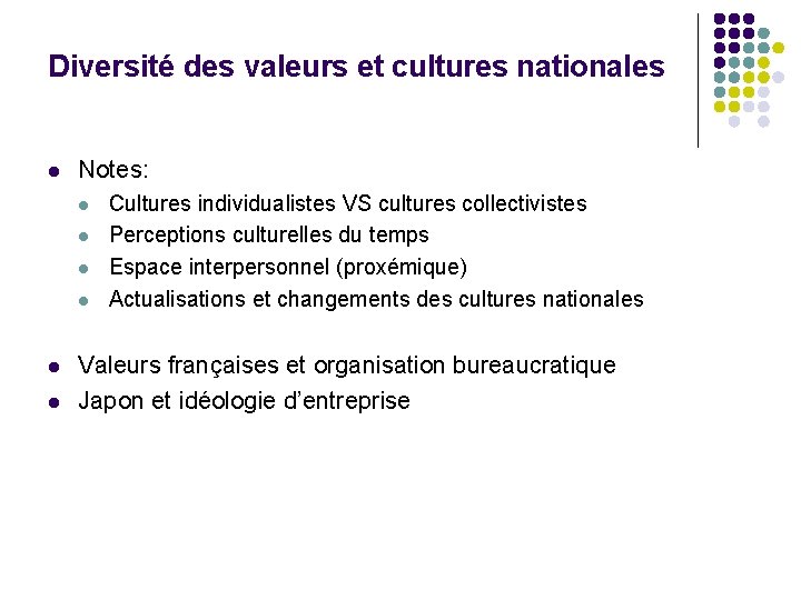 Diversité des valeurs et cultures nationales l Notes: l l l Cultures individualistes VS