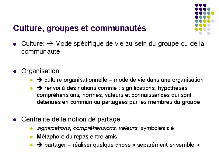 Culture, groupes et communautés l Culture: Mode spécifique de vie au sein du groupe