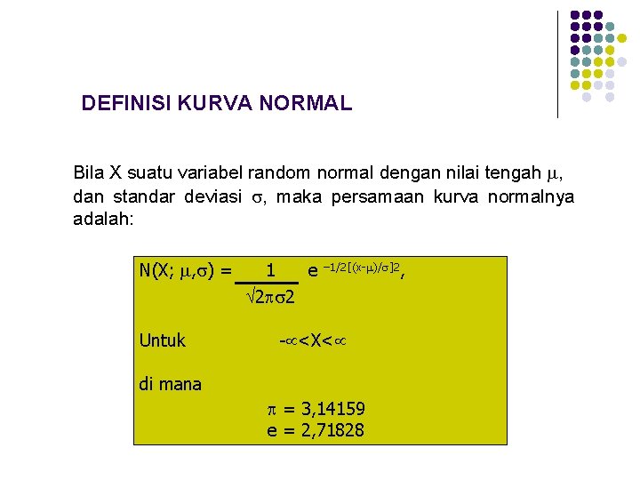 DEFINISI KURVA NORMAL Bila X suatu variabel random normal dengan nilai tengah , dan