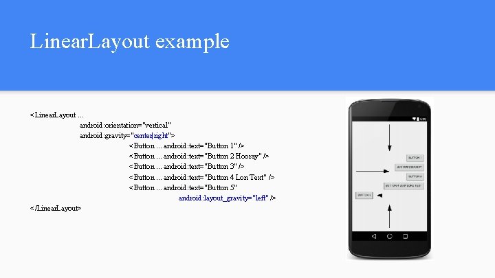 Linear. Layout example <Linear. Layout … android: orientation="vertical" android: gravity="center|right"> <Button. . . android: Linear. Layout example <Linear. Layout … android: orientation="vertical" android: gravity="center|right"> <Button. . . android:
