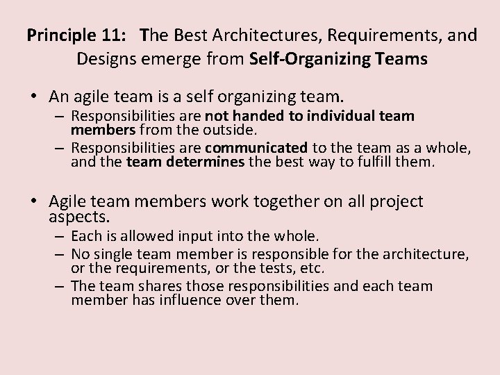 Principle 11: The Best Architectures, Requirements, and Designs emerge from Self-Organizing Teams • An