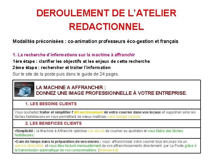 DEROULEMENT DE L’ATELIER REDACTIONNEL Modalités préconisées : co-animation professeurs éco-gestion et français 1. La DEROULEMENT DE L’ATELIER REDACTIONNEL Modalités préconisées : co-animation professeurs éco-gestion et français 1. La