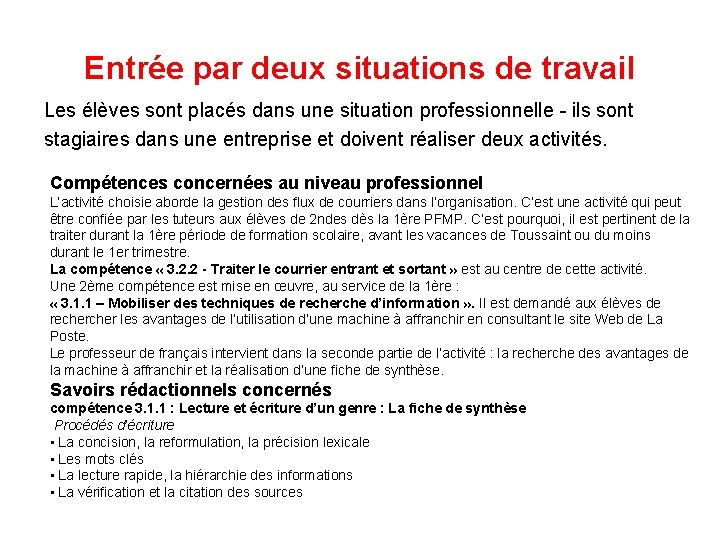 Entrée par deux situations de travail Les élèves sont placés dans une situation professionnelle Entrée par deux situations de travail Les élèves sont placés dans une situation professionnelle