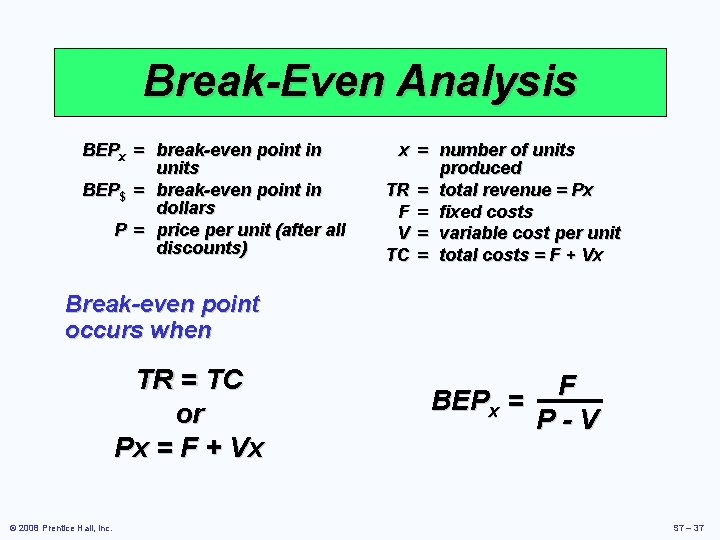 Break-Even Analysis BEPx = break-even point in units BEP$ = break-even point in dollars