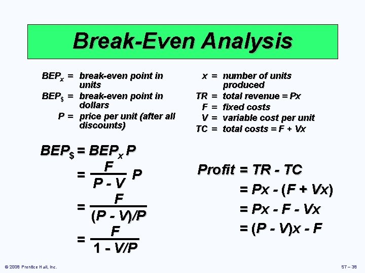 Break-Even Analysis BEPx = break-even point in units BEP$ = break-even point in dollars