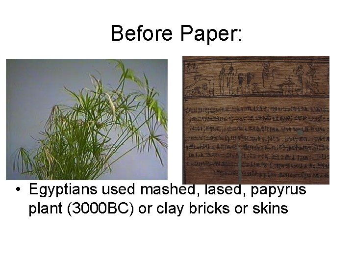 Before Paper: • Egyptians used mashed, lased, papyrus plant (3000 BC) or clay bricks