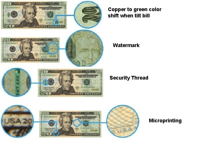 Copper to green color shift when tilt bill Watermark Security Thread Microprinting 