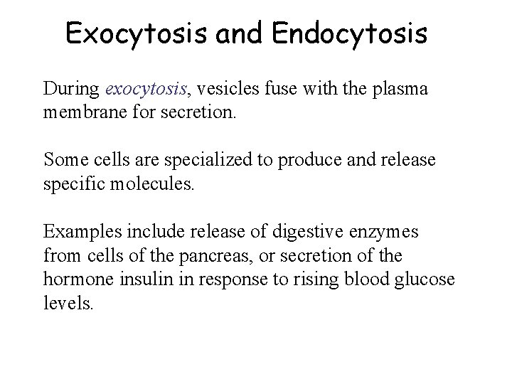 Exocytosis and Endocytosis During exocytosis, vesicles fuse with the plasma membrane for secretion. Some Exocytosis and Endocytosis During exocytosis, vesicles fuse with the plasma membrane for secretion. Some