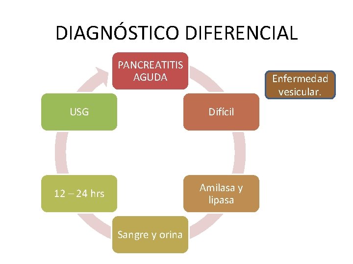 DIAGNÓSTICO DIFERENCIAL PANCREATITIS AGUDA Enfermedad vesicular. USG Difícil 12 – 24 hrs Amilasa y DIAGNÓSTICO DIFERENCIAL PANCREATITIS AGUDA Enfermedad vesicular. USG Difícil 12 – 24 hrs Amilasa y