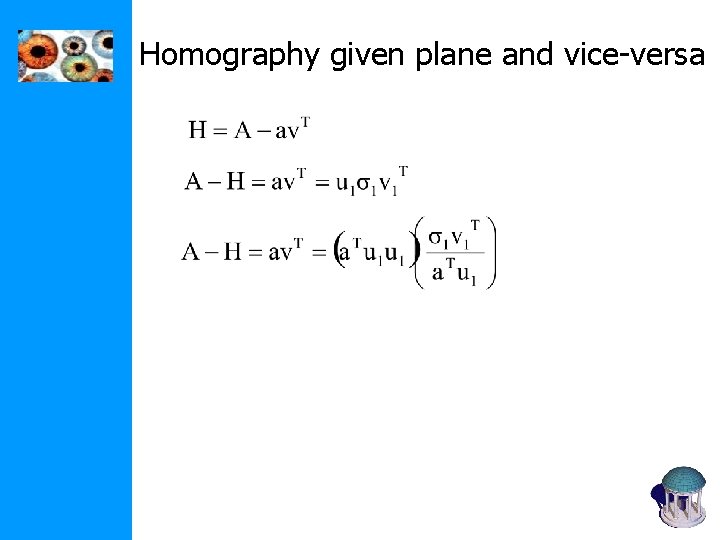Homography given plane and vice-versa Homography given plane and vice-versa