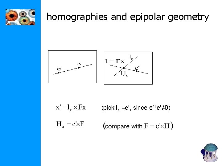 homographies and epipolar geometry (pick lp =e’, since e’Te’≠ 0) homographies and epipolar geometry (pick lp =e’, since e’Te’≠ 0)