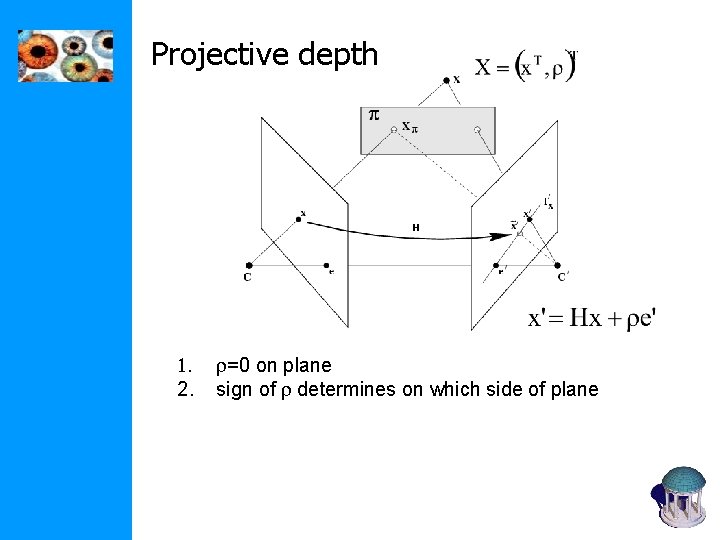 Projective depth 1. 2. r=0 on plane sign of r determines on which side Projective depth 1. 2. r=0 on plane sign of r determines on which side