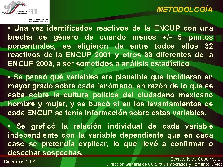 METODOLOGÍA • Una vez identificados reactivos de la ENCUP con una brecha de género