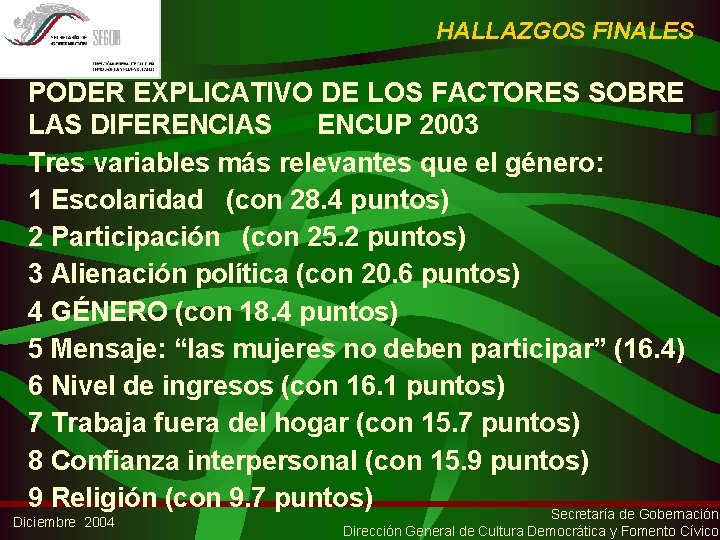HALLAZGOS FINALES PODER EXPLICATIVO DE LOS FACTORES SOBRE LAS DIFERENCIAS ENCUP 2003 Tres variables