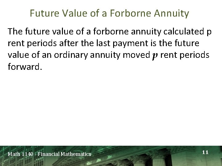 Future Value of a Forborne Annuity The future value of a forborne annuity calculated