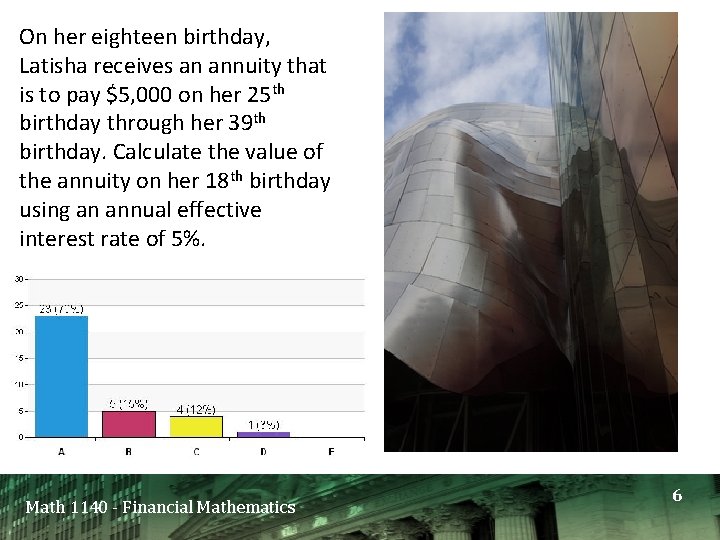 On her eighteen birthday, Latisha receives an annuity that is to pay $5, 000