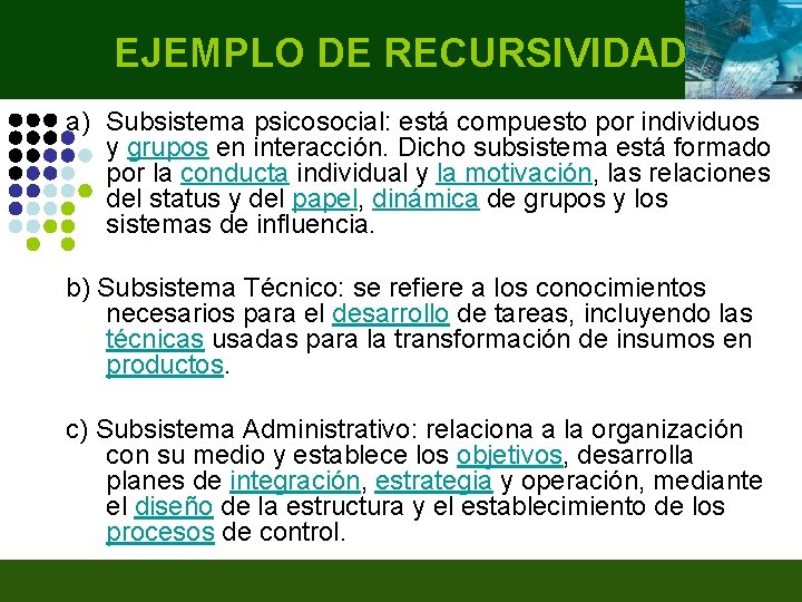 EJEMPLO DE RECURSIVIDAD a) Subsistema psicosocial: está compuesto por individuos y grupos en interacción.