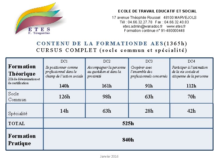 ECOLE DE TRAVAIL EDUCATIF ET SOCIAL 17 avenue Théophile Roussel 48100 MARVEJOLS Tél :